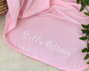 Embroidered Baby Name Blanket Gift Newborn Keepsake Swaddle 100% Cotton