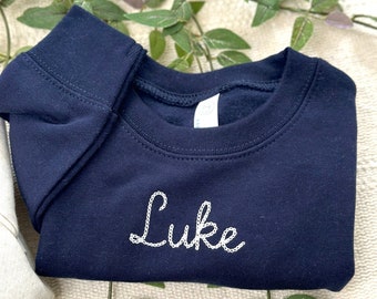 Chain Stitch Name Embroidered Toddler Sweatshirt, Kid's Personalized Embroidered Crewneck Custom Name Embroidery
