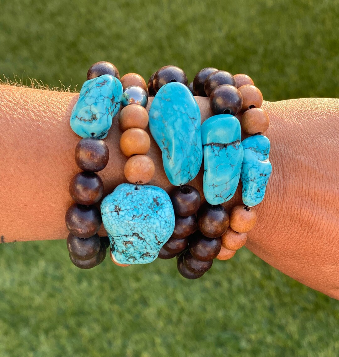Wood Beaded Bracelet with Turquoise Beads main image 1