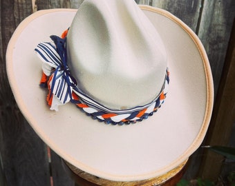 Orange white and blue off white felt cowboy hat lapis sodalite custom fedora