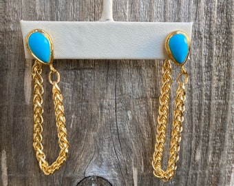 Authentic turquoise gold plated stud earring with loop chain