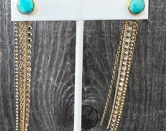 Turquoise stud back front earrings with gold and crystal fringe chain ear jacket