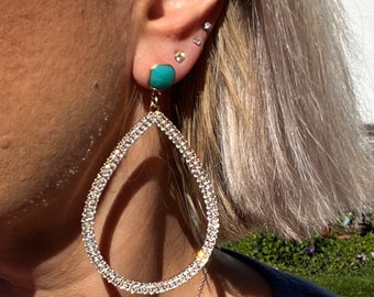 Authentic turquoise and crystal hoop drop earrings gold