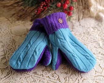 Light Aqua Purple Sweater Mittens Upcycled Mad Mittens Recycled Mittens Wool Blend Medium Ladies Adult Size Fleece Lined Gloves