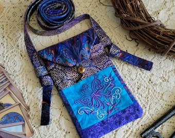 Pretty Butterfly Crossbody Bag Purple/Gold Metallic Patchwork Mariposa Bag Small Cell Phone Bag Gypsy Tarot Ladies Festival Mad Money Purse