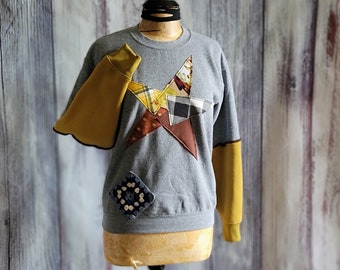 Upcycled Star Pullover Sweatshirt Grey Ladies Crew Neck Artsy Top Travel Handmade Crochet Granny Square Art Clothing Size Small 'Stella'