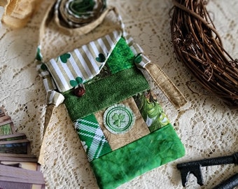 Celtic Theme Crossbody Bag Green/Gold  Patchwork Shamrock Bag Small Cell Phone Bag Clover Gypsy Tarot Card Festival Mad Money Purse