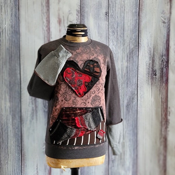 Upcycled Sweatshirt Bleach Spray Lace Art to Wear Heart Top Refashioned Sleeves Gray Red Pullover Size Small Ladies 'Coralie'