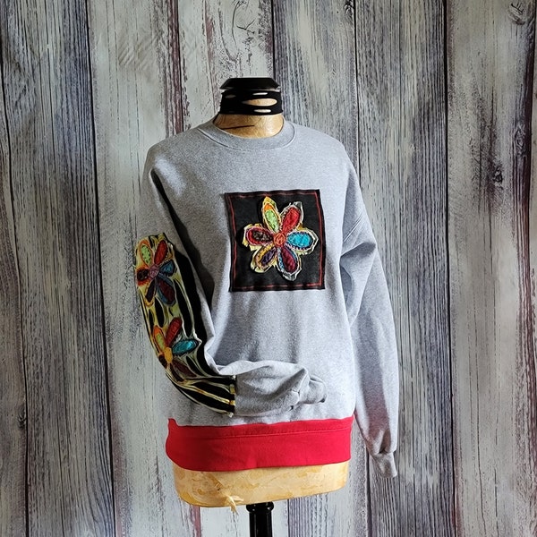 Flower Petal Upcycled Sweatshirt Boho-Chic Art to Wear Daisy Refashioned Unisex Crew Neck Size Medium Women's Clothes 'Fiore'