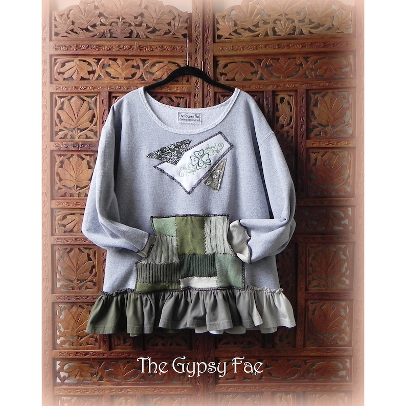 Upcycled Irish Sweatshirt Embroidered Clover Grey Patchwork Green Boho-chic Pullover Sweater Size Large /'Patricia/' by The Gypsy Fae