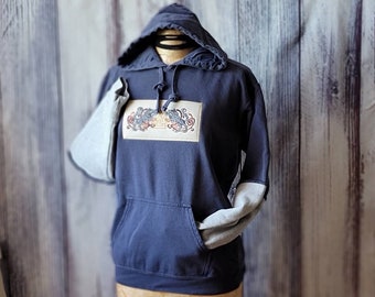 Norse Wolf Hoodie Geri and Freki Upcycled Pullover Odin's Wolves Blue Washed Hoodie Refashioned Sleeve Lupine Art to Wear Size Small 'Liv'