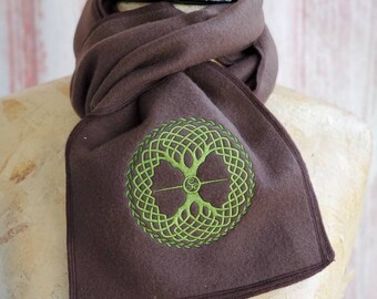 Celtic Tree of Life Green Brown Fleece Scarf Embroidered Scarves Pagan Gifts Tree Scarf Celtic Tree Neck Warmer