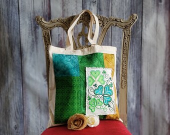 Patchwork Shamrock Book Bag Carry All Tote Bag Embroidered Irish Clover Decorated Satchel Celtic Bag