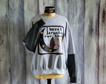 Crystal Love Crescent Moon Upcycled Pullover Sweatshirt Crewneck Celestial Ladies Artwear Size X-Large Unisex 'Crystal'