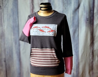 Upcycled Kitty Mushroom Sweatshirt Art to Wear Refashioned Sleeves Gray Red Woodland Pullover Size Small Ladies 'Woodland Kitty'