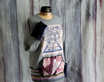 Dreamer Spirit Boho Upcycled Pullover Sweatshirt Crewneck Collage Pocket Elephant Graphic Ladies Artwear Size Large Unisex 'Eloise'