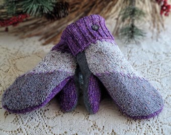 Purple Sweater Mittens Upcycled Repurposed Mittens Cotton/Acrylic Blend Recycled Medium Ladies Adult Size Fleece Lined Gloves
