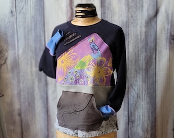 Upcycled Sweatshirt Peacock Mixed Fashion Art Top Pocket Pullover Patchwork Refashioned Sleeves Size Small Ladies 'Padma'