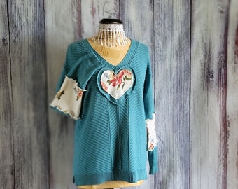 Turquoise Floral Heart Upcycled Cotton Sweater Boho-Chic Art to Wear V-Neck Lightweight Ladies Top Size Medium Ladies 'Enid'