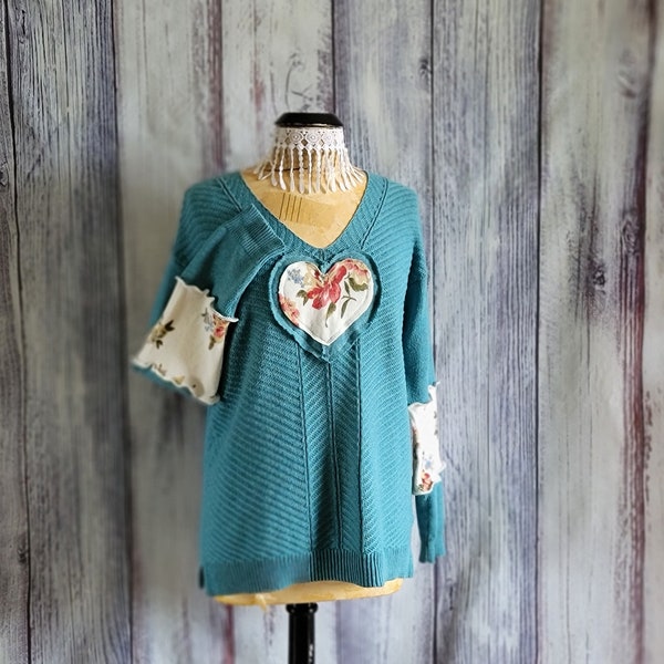 Turquoise Floral Heart Upcycled Cotton Sweater Boho-Chic Art to Wear V-Neck Lightweight Ladies Top Size Medium Ladies 'Enid'