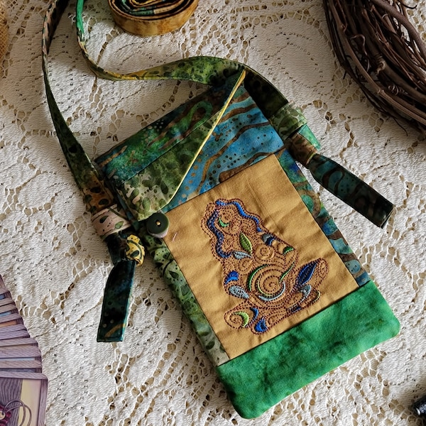 Earth Goddess Crossbody Bag Green/Blue/Gold Patchwork Gaia Bag Small Cell Phone Bag Gypsy Tarot Card Festival Mad Money Purse