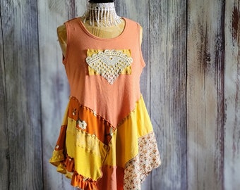 Upcycled Shabby Tank Top Swing Style Lagenlook Ladies Summer Tunic Pinks and Peaches Ladies Top Size Med 'Clara'