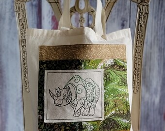 Patchwork Rhinoceros Book Bag Carry All Tote Bag Embroidered Irish Clover Decorated Satchel Animal Theme Safari Bag