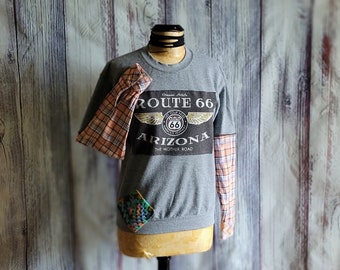 Upcycled Route 66 Pullover Sweatshirt Grey Ladies Crew Neck Artsy Top Travel Handmade Crochet Granny Square Art Clothing Size Small 'Erica'