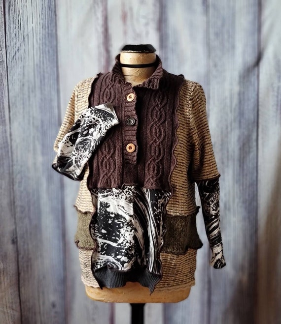 Upcycled Sweater Mixed Earth Tones Ladies Refashioned Pullover Art to Wear Reconstructed Fashion Comfy Boho Size L-XL 'Sarah'