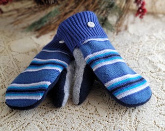 Blue Stripe Sweater Mittens Upcycled Repurposed Mittens Acrylic/Wool Blend Recycled Medium Ladies Adult Size Fleece Lined Gloves