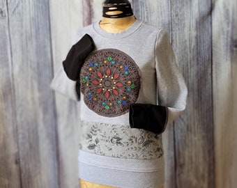 Upcycled Mandala Sweatshirt Stitched Printed Art to Wear Refashioned Sleeves Multicolored Fashion Pullover Size Small Ladies 'Padma'
