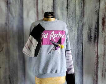 Rock Star Upcycled Sweatshirt Rocker Art to Wear Patchwork Star Refashioned Unisex Crew Neck Size Medium Women's Clothes 'Roxanne'