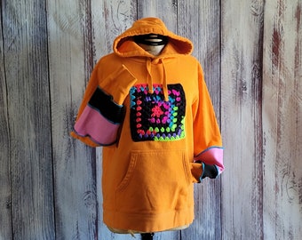 Crocheted Granny Square Pullover Hoodie Orange Hooded Top Remade Bright Colored Sweatshirt Refashioned Sleeves Size Medium Unisex 'Loca'