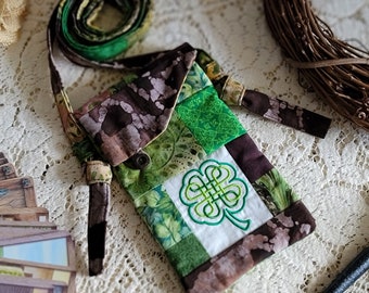 Celtic Shamrock Crossbody Bag Green/Brown/Gold Patchwork Clover Bag Small Cell Phone Bag Gypsy Tarot Card Festival Mad Money Purse