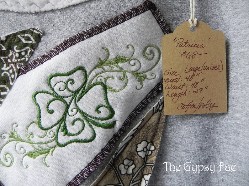 Upcycled Irish Sweatshirt Embroidered Clover Grey Patchwork Green Boho-chic Pullover Sweater Size Large /'Patricia/' by The Gypsy Fae