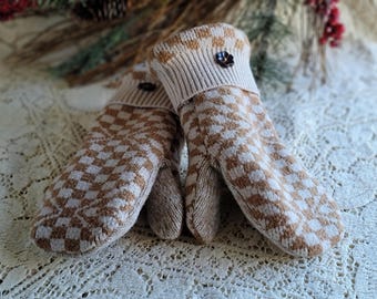Gold Checkerboard Sweater Mittens Upcycled Repurposed Mittens Acrylic Blend Recycled Medium Ladies Adult Size Fleece Lined Gloves