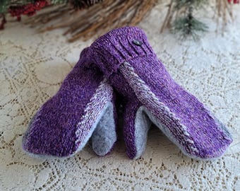 Purple Sweater Mittens Upcycled Repurposed Mittens Cotton/Acrylic Blend Recycled Medium Ladies Adult Size Fleece Lined Gloves
