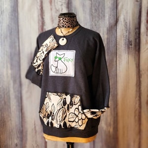 Upcycled Fox Pullover Sweatshirt Refashioned Top Grey Green Top Refashioned Knit Sleeves Size Large &#39;Roxy&#39;
