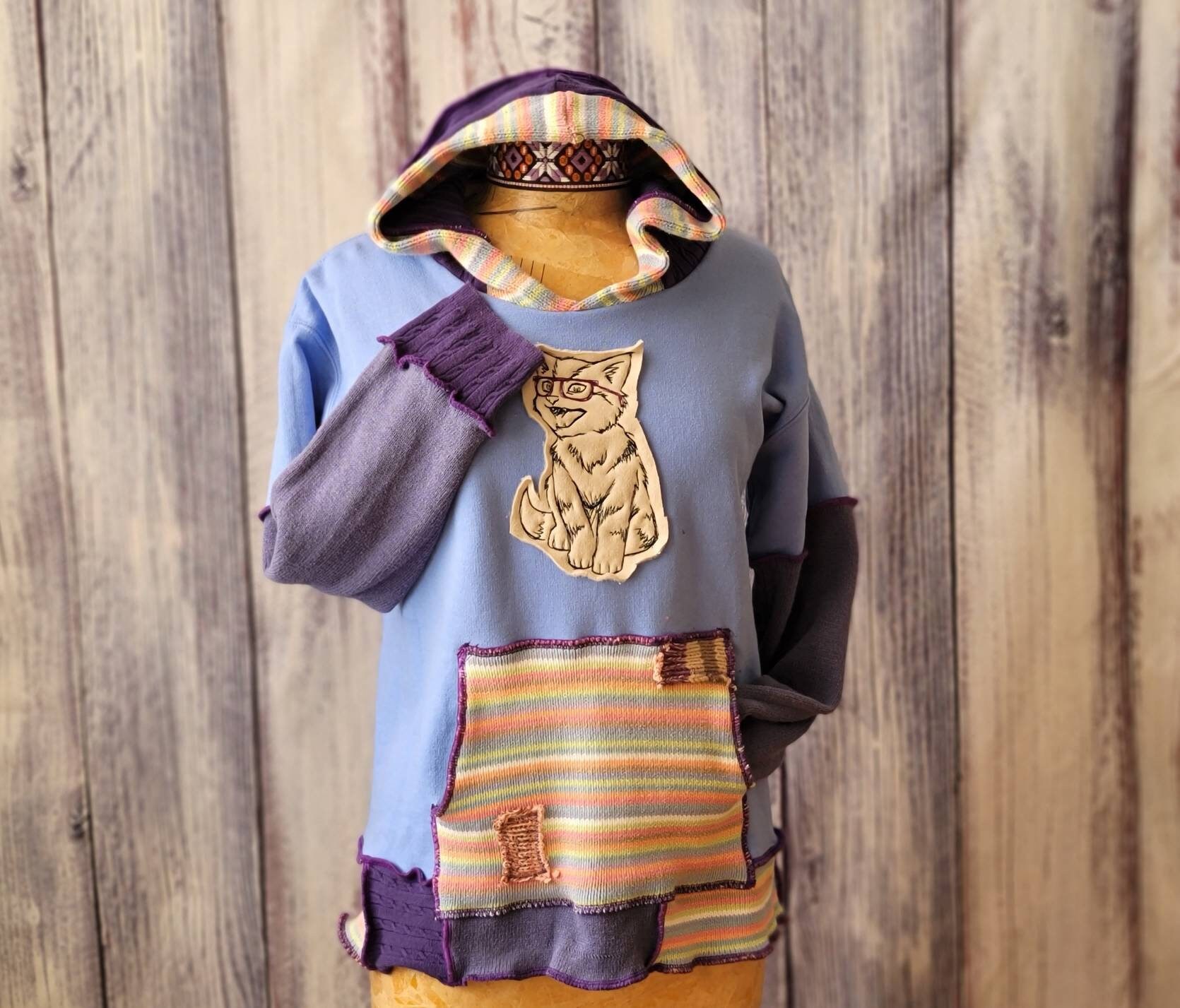 Cute Kitty Upcycled Hoodie Refashioned Periwinkle Blue Sweatshirt