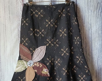 Black boho Upcycled Skirt Handstitched Flower Boho-Chic Ultrasuede Skirt Embroidery Size 4/Small 'Fran'