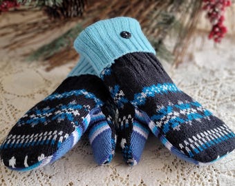 Snowflake Sweater Mittens Upcycled Blue Black Mittens Acrylic Blend Recycled Repurposed Medium Ladies Adult Size Fleece Lined Gloves