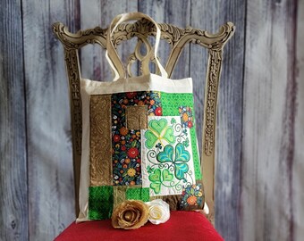Pretty Embroidered Shamrock Book Bag Carry All Tote Bag Embroidered Clover Patchwork Decorated Satchel Celtic Irish Bag