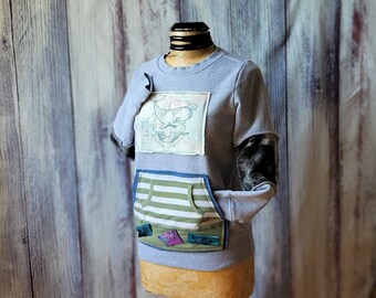 Upcycled Dirigible Whale Sweatshirt Art to Wear Refashioned Sleeves Gray Teal Sky Steampunk Pullover Size Small Ladies 'Willa'