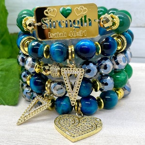5 pc stretch bracelet set made with 12mm tiger eye, 12mm mystic agate, with cz accents, custom acrylic focal piece