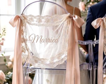 Custom Wedding Chair Back Decoration - Sheer Lace Signs,Custom Wedding Chair Banners,Foil Embroidered Wedding Chair Signs Set of 2