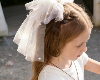 Handmade Girls Bow Veil Hair Clip Flower Girl Party Headpiece Pink White Tulle Birthday Wedding Dance Recital Toddler Dress Up Accessory