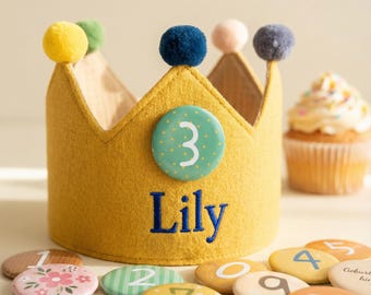 Personalized Kids Birthday Crown Hat with Number Badge Embroidered Party Crown for Toddler First Birthday Cake Smash Photo Gift