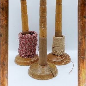 Vintage wooden yarn or string holder stands, a set of three