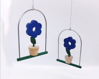 Vintage Aarikka Finland wooden blue flowers window mobile