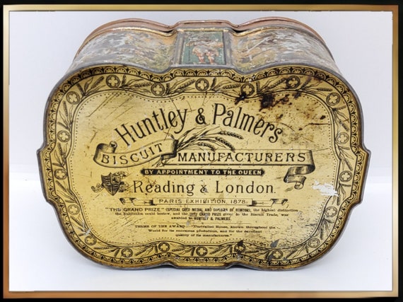 イギリス アンティーク huntley and palmers ビスケット缶 Antique British Huntley & Palmers Biscuits Victorian Hinged